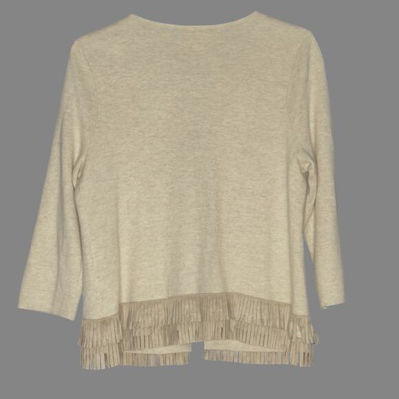 Chicos M Womens Fringe Hem Cardigan Style Top Cardigan Suede Trim Beige - Picture 3 of 12